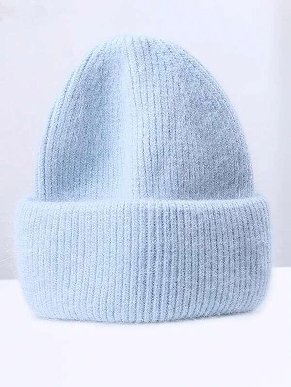 1pc Women's Rabbit Hair Knitted Warm Beanie, Double-Layer Folded Brim Pullover Hat, Solid Color, Versatile For Autumn/Winter