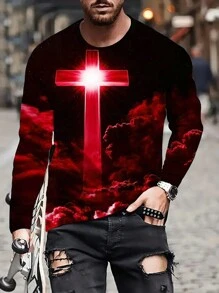 Maglietta a maniche lunghe da uomo con stampa 3D a forma di croce e nuvole, scollo rotondo, adatta per primavera e autunno, regalo speciale per uomini