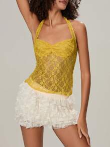 Women's Y2K Lace Cami Tank Top Sexy Mesh See Through Spaghetti Strap Crop Camisole Backless Bustier Going Out Tops - Yellow - View 4