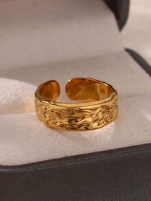 1PC Vintage Hammered Asymmetric Rings For Women Opening Gold Plated Stainless Steel Ring Fashionable Ladies Daily Jewelry Decoration