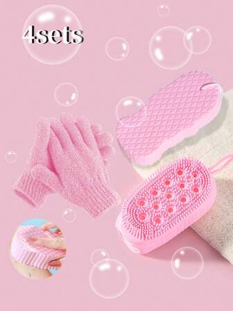 4 件套沐浴身体清洁套装，包括海绵硅胶双面泡泡刷、鱼鳞纹立体海绵浴巾、手套五指磨砂浴巾，适用于沐浴、沐浴配件、去角质、淋浴、客厅家居卧室浴室家居装饰、旅行用品、婚礼、派对、生日、礼物