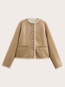 Women's Casual Gold Button Decorated Fleece Jacket, Autumn