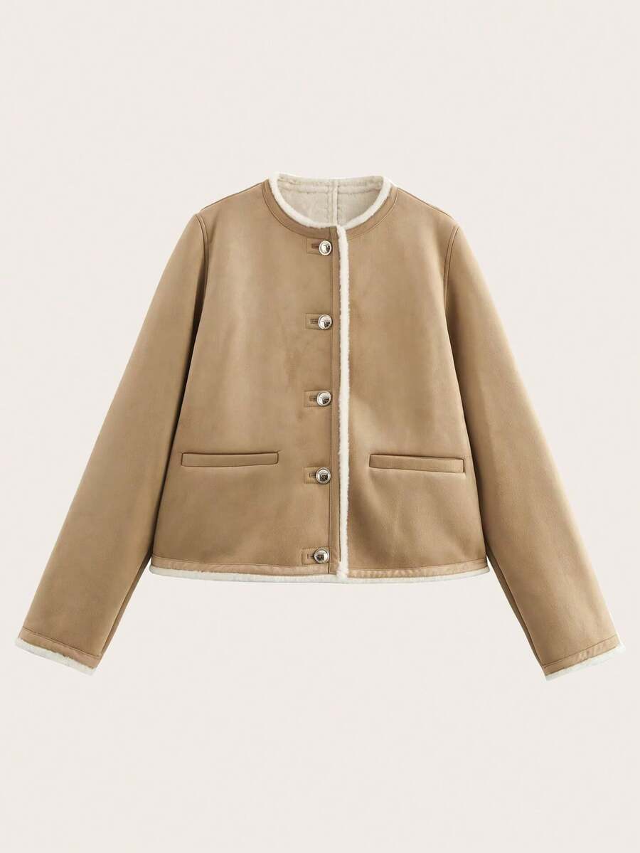 Women's Casual Gold Button Decorated Fleece Jacket, Autumn