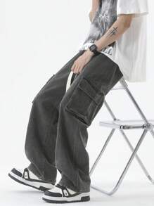 Relaxed Straight Leg Elastic Waist Cargo Jeans, Vintage Washed Baggy Multi Pockets Oversized Ankle Length Pants - Grey - View 3