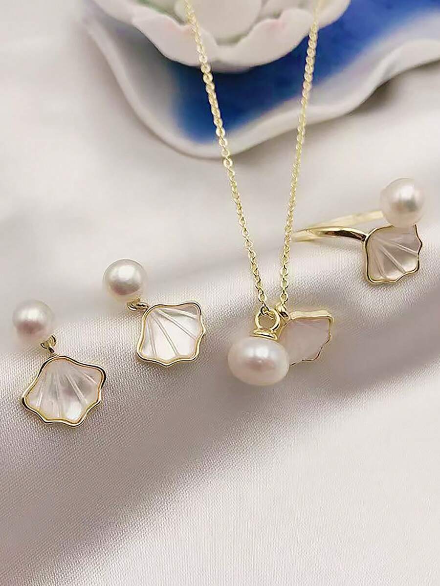 时尚女士项链戒指耳环 3 件套首饰套装，奢华精致新款时尚锁骨链礼物 - 金色 - 查看 1