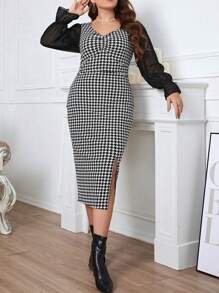 Womens Plus Size Bodycon Dress Long Sleeve V Neck Houndstooth Print Dress Fall Midi Dress - Black - View 4
