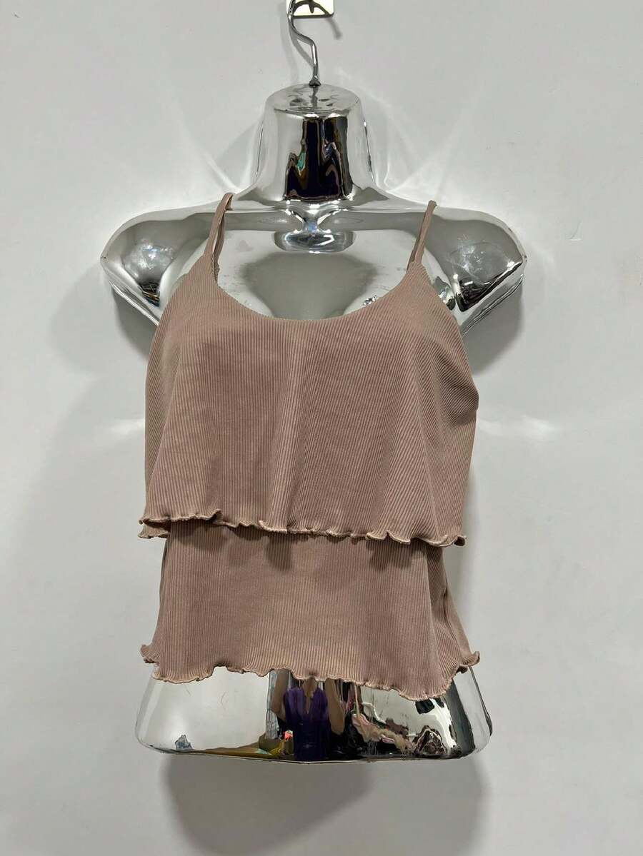 Women's 2-Ruffled Bow Tank Top In Ribbed Fabric - Màu be - Xem 1