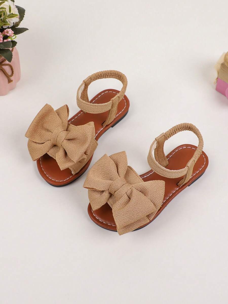 1双女童凉鞋，新款蝴蝶结公主鞋，松紧带设计，软底休闲沙滩鞋，适合夏季穿着 - 香檳色 - 查看 1