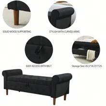 62" Bedroom Tufted Button Storage Bench Modern Fabric Upholstered Ottoman Window Bench Rolled Arm Design For Bedroom Living Room Foyer Black - Black + Fabric + Foam as Pic - View 7
