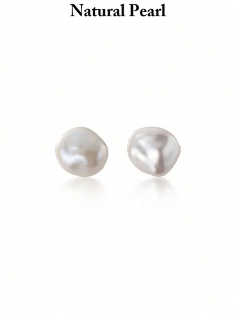 1 Pair 925 Sterling Silver 10-11mm Natural Freshwater Cultured Baroque Pearl Stud Earrings, Fashion & Versatile Baroque Pearl Earrings For Women