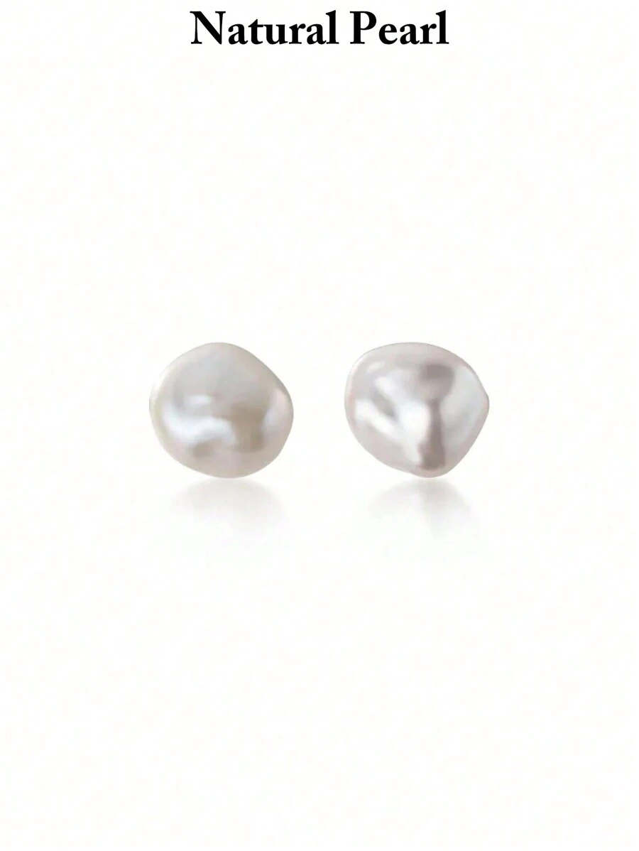 1 Pair 925 Sterling Silver 10-11mm Natural Freshwater Cultured Baroque Pearl Stud Earrings, Fashion & Versatile Baroque Pearl Earrings For Women