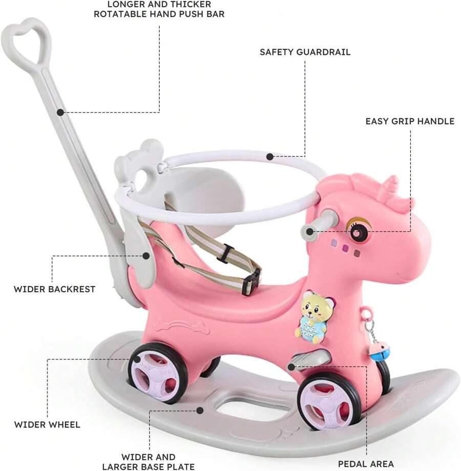 4 In 1 Rocking Horse For Toddlers 18-36months, Baby Ride On Toy With Detachable Balance Board, Footrest And 4 Smooth Wheels, HDPE Material