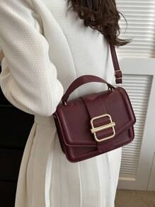 Fashion Minimalist Litchi Texture Handbag Small Square Shoulder/Crossbody Bag For Winter - Burgundy - View 4