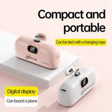 Winsway 5000mAh Mini Portable Charger With Built-In Cable, Compact Power Bank With LCD Display And LED Lights, Compatible With IPhone/ Android, Emergency Power Supply, Pocket Lipstick Size Power Bank - White - View 5