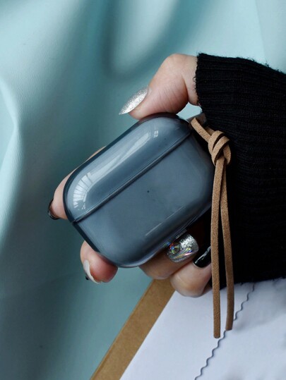 1pc Minimalist Solid Color Morandi Earphone Case, Transparent With Leather Cord, Available In Green, Black, Blue, Gray