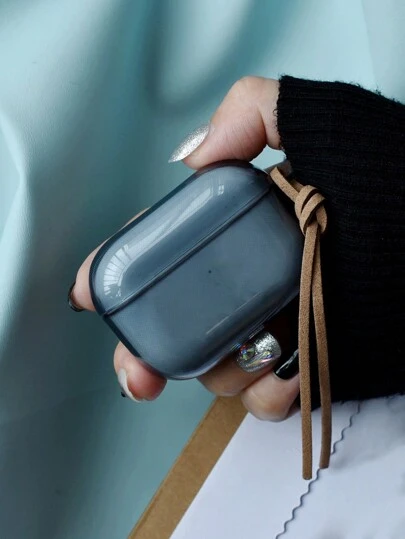 1 件简约纯色莫兰迪耳机盒，透明配皮绳，绿色、黑色、蓝色、灰色可选