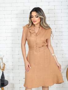 PLAIN WOMEN'S DRESS WITH BELT NEW COLLECTION - Màu Khaki - Xem 4