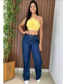 WOMEN'S CROPPED TOP WITH FLOWER AND NECK TIE - Màu vàng - Xem 2