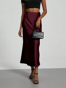 Se-Helo Fashion Women's Elastic Satin Finish Maxi Skirt - Burgundy