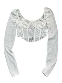 Womens Corset Crop Tops, Long Sleeve Lace Patchwork Solid Color Asymmetrical Bustier T-Shirts - White - View 1