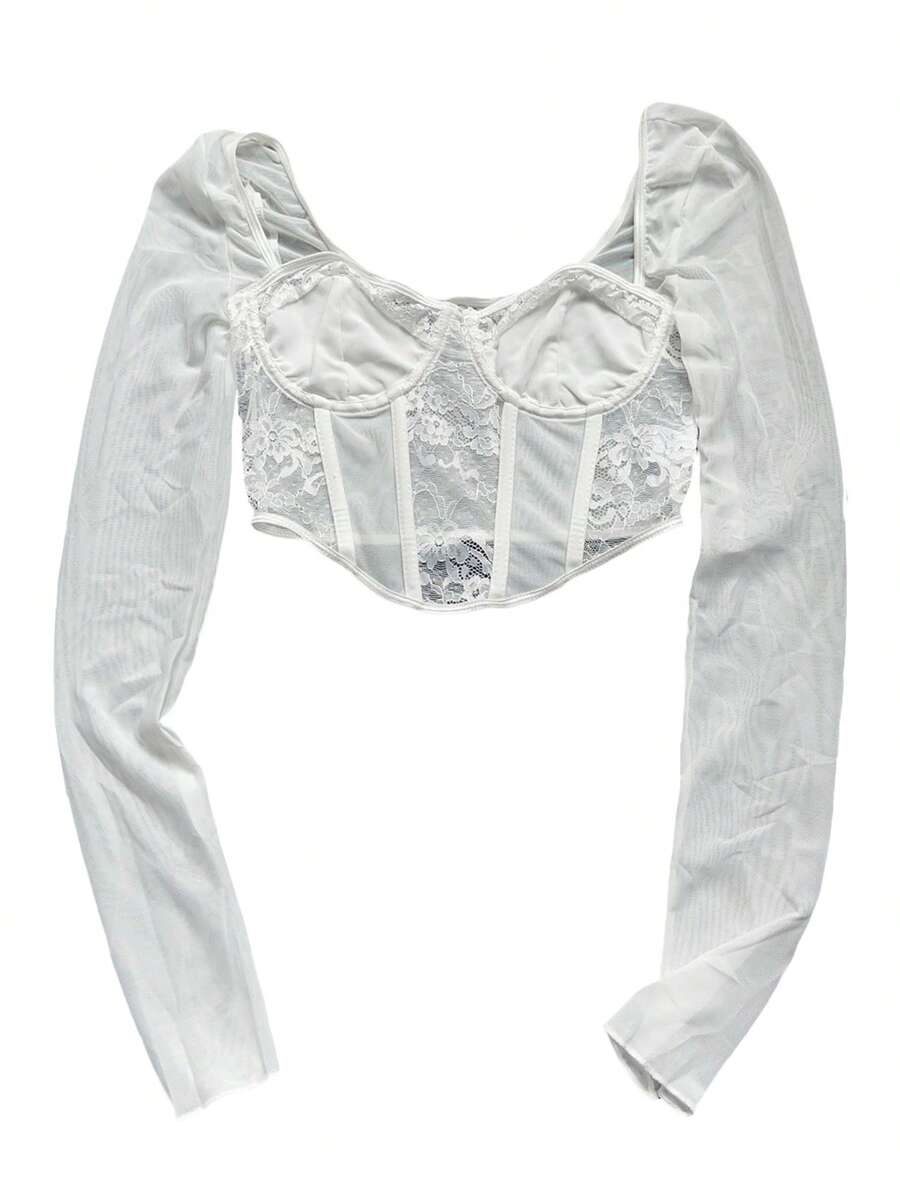 Womens Corset Crop Tops, Long Sleeve Lace Patchwork Solid Color Asymmetrical Bustier T-Shirts - White - View 1