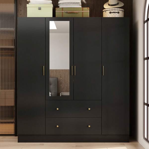 ECACAD Wardrobe Armoire With Mirror, 5-Tier Shelves, 2 Drawers, 2 Hanging Rods And 4 Doors, Wooden Closet Storage Cabinet For Bedroom, White (63"W X 19.7"D X 70.9"H)