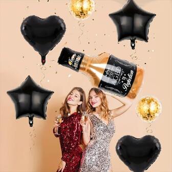 10 件星心铝箔气球和威士忌酒瓶套装 - 完美主题派对装饰，黑色和金色 - 适用于婚礼、生日、圣诞节、毕业典礼和庆祝活动，铝膜气球适合 14 岁以上成人