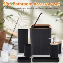 9件套金色/竹子浴室配件，黑色/白色浴室配件套装，配有牙刷架，漱口杯，皂液瓶，托盘，皂盒，按压式垃圾桶，马桶刷家居浴室装饰浴室配件浴室收纳夏季返校收纳 - 黑色 - 查看 4