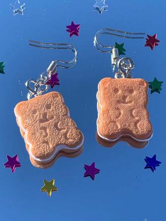1 Pair Cute Sandwich-Shaped Bear Cookie Creative Earrings, Suitable For Women Food-Themed Party Accessories