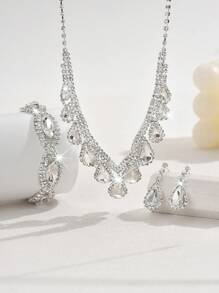 Bộ trang sức cô dâu gồm 4 chiếc vòng cổ pha lê đơn giản thời trang, hoa tai, vòng tay, thích hợp cho đám cưới, tiệc, tiệc tùng - bộ trang sức - Xem 4