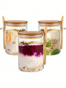 1 pezzo Barattolo in vetro rotondo ermetico da 300ml/350ml/450ml, barattoli per condimenti con coperchi in bambù e cucchiaio, contenitori per alimenti per zucchero, caffè, noci, barattoli da cucina in vetro per farina, biscotti, caramelle, tè matcha, noci e barattoli per spezie