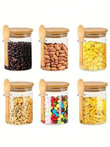 1 pezzo Barattolo in vetro rotondo ermetico da 300ml/350ml/450ml, barattoli per condimenti con coperchi in bambù e cucchiaio, contenitori per alimenti per zucchero, caffè, noci, barattoli da cucina in vetro per farina, biscotti, caramelle, tè matcha, noci e barattoli per spezie