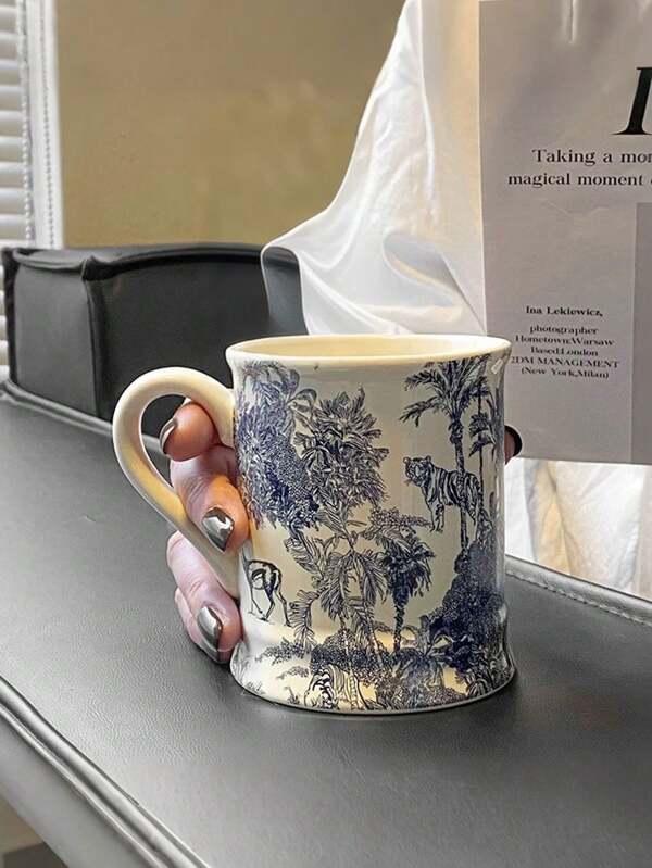 1pc Blue Vintage Jungle Tiger Printed Ceramic Mug, Suitable For Tea, Coffee, Milk, Perfect Holiday Gift Back To School