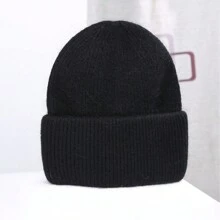1pc Women's Rabbit Hair Knitted Warm Beanie, Double-Layer Folded Brim Pullover Hat, Solid Color, Versatile For Autumn/Winter