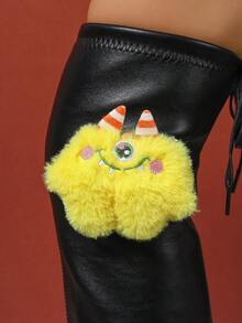 女式毛绒超高过膝长靴，弹力粗腿高跟长靴，带可拆卸娃娃装饰，秋冬 - 黑色 - 查看 2