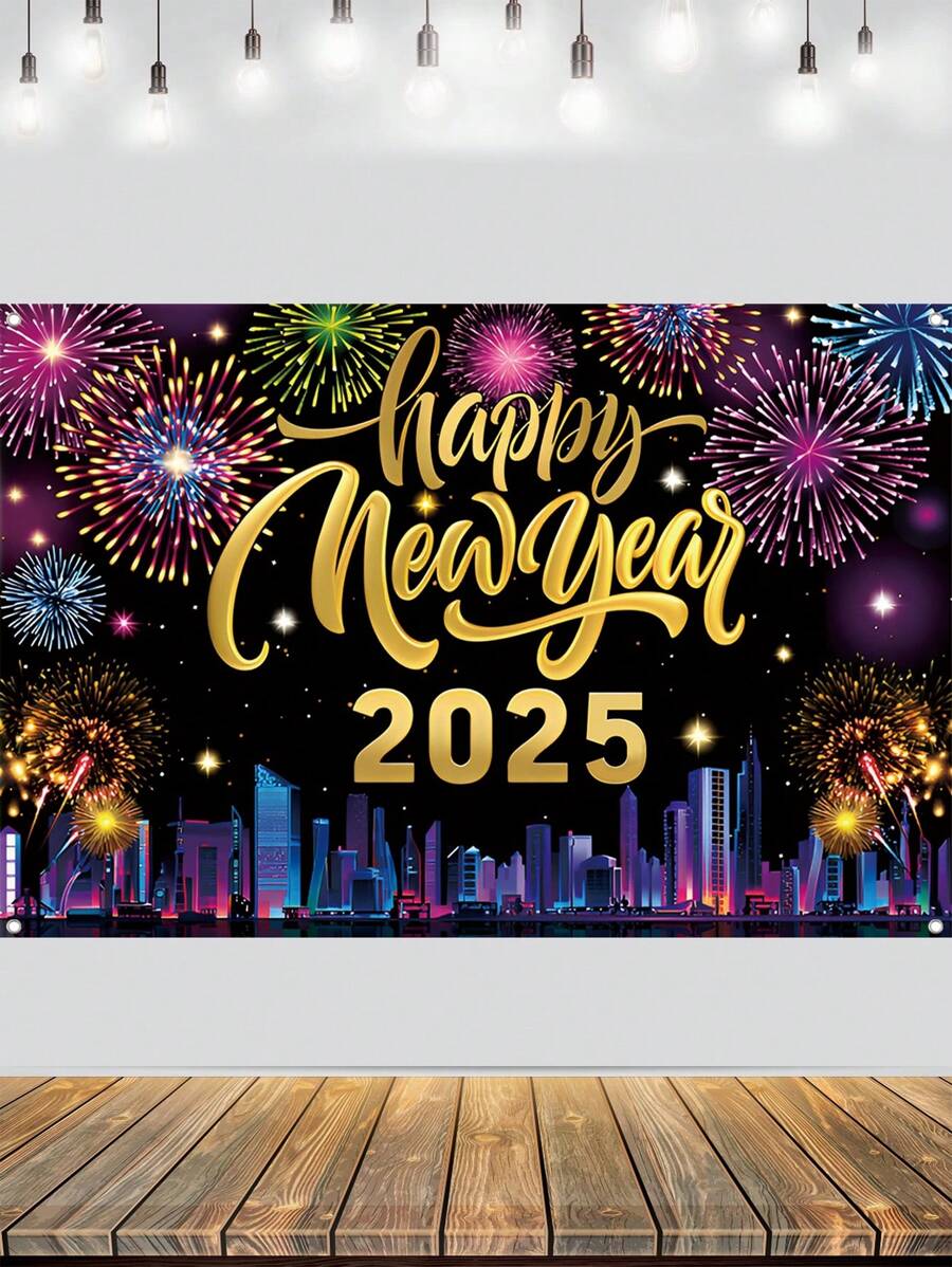 1 件 100*150 厘米新年快乐庆祝背景横幅，新年烟花气球倒计时时钟风格涤纶吊旗背景布适用于 2025 年新年派对家庭房间家庭活动照片展位节日墙壁背景装饰，新年礼物，花园庭院装饰花园旗帜