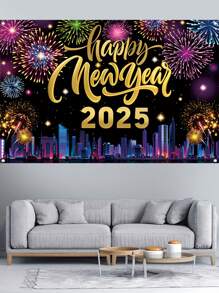 1 件 100*150 厘米新年快乐庆祝背景横幅，新年烟花气球倒计时时钟风格涤纶吊旗背景布适用于 2025 年新年派对家庭房间家庭活动照片展位节日墙壁背景装饰，新年礼物，花园庭院装饰花园旗帜 - 新年氣球 - 查看 6