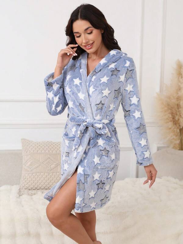1pc Women Heart Print Flannel Thick Bathrobe, Double-Sided Long Plush Jacquard Embroidered Star Sleeve Sleepwear Dress, Autumn/Winter