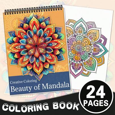 曼陀罗之美成人涂色书 - 螺旋装订，11.2x8.2 英寸，24 种独特的花卉图案，单面印刷 - 送给女性的理想礼物，休闲娱乐，激发创造力，适合返校、母亲节、送给妈妈的礼物、返校用品、学习用品等。