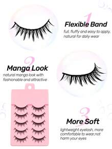 Asiteo 5 Pairs Manga Look Natural Lashes Fluffy Wispy Faux Mink Lash Korean Japanese Asian Styles Lashes For Cosplay Eyelashes - 黑色 - 查看 2