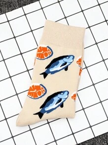 1双男士北极虾等海洋元素图案袜子，穿上这双袜子探索海洋的奥秘，追寻梦想，秋季 - 彩色 - 查看 3