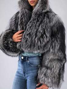 Damen elegant Silber Fuchs Muster Langarm Kunstpelz Lässig Jacke, modisch für Herbst/Winter Weihnachten