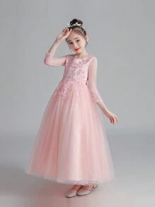 Tween Girls Elegant Princess Beaded Sequin Mesh Floral Embroidered Long Sleeve Pink Tulle Dress, Suitable For Performance, Wedding, Birthday Party - Pink - View 3
