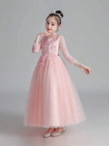 Tween Girls Elegant Princess Beaded Sequin Mesh Floral Embroidered Long Sleeve Pink Tulle Dress, Suitable For Performance, Wedding, Birthday Party - Pink - View 4