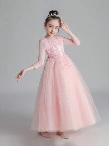 Tween Girls Elegant Princess Beaded Sequin Mesh Floral Embroidered Long Sleeve Pink Tulle Dress, Suitable For Performance, Wedding, Birthday Party - Pink - View 5
