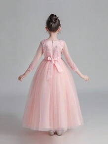 Tween Girls Elegant Princess Beaded Sequin Mesh Floral Embroidered Long Sleeve Pink Tulle Dress, Suitable For Performance, Wedding, Birthday Party - Pink - View 6