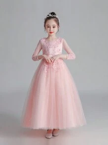 Tween Girls Elegant Princess Beaded Sequin Mesh Floral Embroidered Long Sleeve Pink Tulle Dress, Suitable For Performance, Wedding, Birthday Party - Pink - View 2