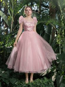 Faeriesty 舞会礼服优雅串珠亮片紧身泡泡袖薄纱舞会返校礼服非常适合返校、聚会、舞会和鸡尾酒会