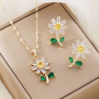 3 قطع طقم مجوهرات من قلادة وأقراط بتعليقة زهرة بلورية من الفولاذ المقاوم للصدأ، هدية مجوهرات أنيقة للنساء والفتيات، مناسبة للحفلات (بدون علبة)