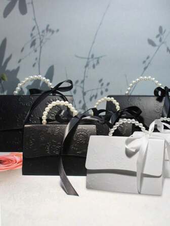 10 Pcs Elegant Embossed Gift Boxes In Black And White, With Satin Ribbons And Pearl Handles, Mini Packaging Bags Flower Candy Box For Wedding Favors Party Decoration